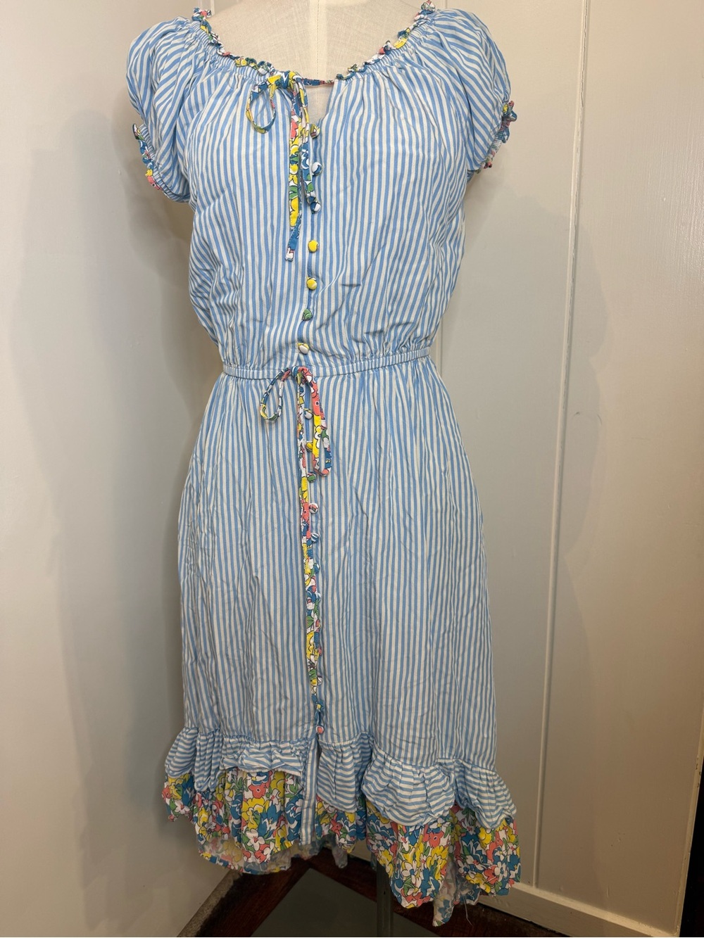 Matilda Jane - Blue & White Striped Tie-Front Sundress with Floral Trim Size XS